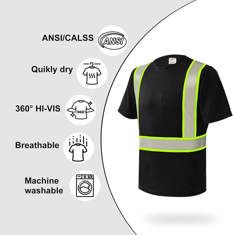 wefeyuv Store 3PCS-High Visibility Shirts Quick Dry Safety T Shirts with Pocket and 3 Reflective Strips Short Sleeve Mesh Hi Vis Construction Work Class 2 Shirt for Men/Women, Black 2XL - Image 4